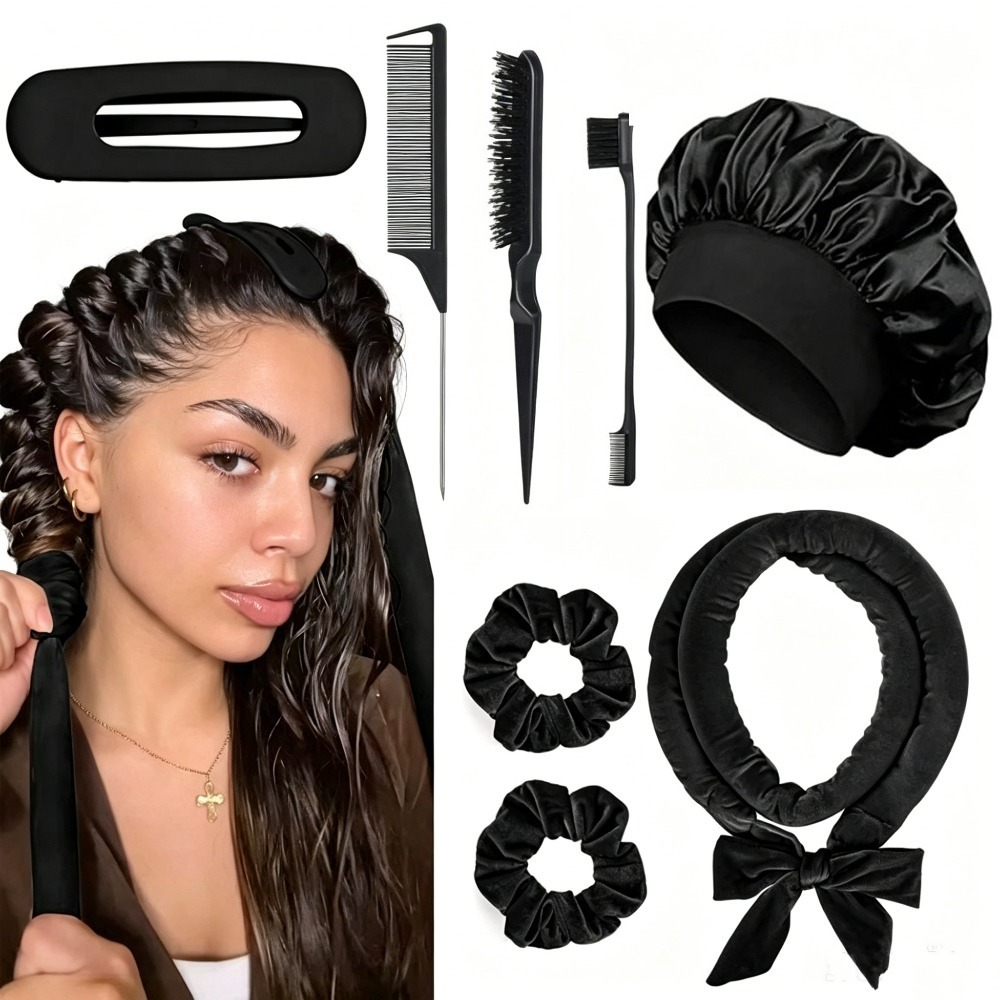 Scrunchie Satin Set - 8/5/4-teiliges Hitzefreies Lockenwickler-Set: Satin-Haube, Locken über