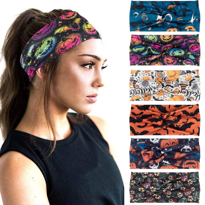 Women'S Running Accessories - Böhmisches bedrucktes Totenkopf-Kürbis-Grimasse, Halloween, breites Stirnband,